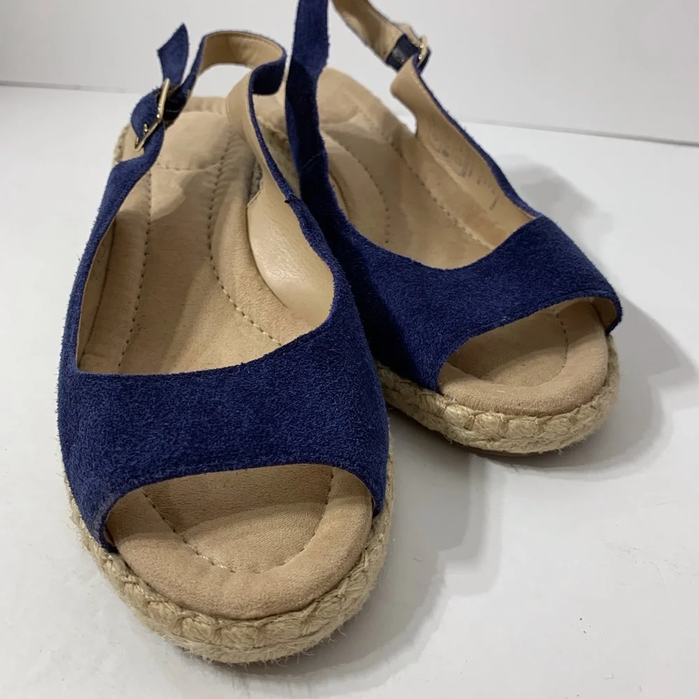 EUC Lands’ End Blue Suede Wedge Jute‎ Heel Sandals